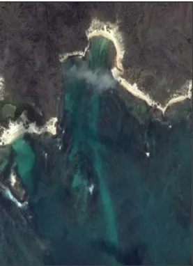Fig. 8: Google Earth Image of Manglecito. Two  smaller bay alcoves separated by a natural  volcanic rock jetty are visible