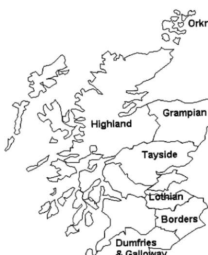FIG. 1. Map of Scotland showing regions sampled in the survey.