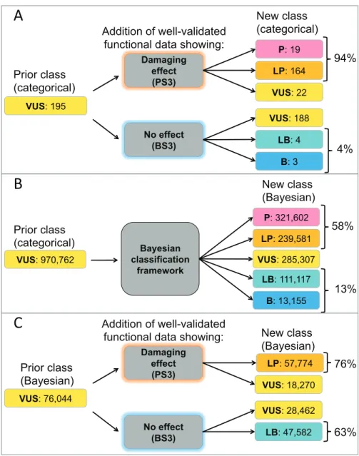 Figure 2.3: Reclassifying missense VUS evidence combinations in the categorical  ACMG/AMP framework and the adapted Bayesian framework