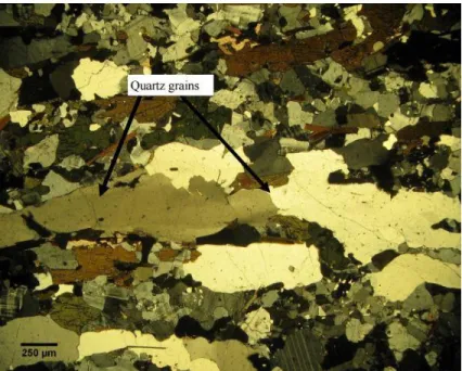 Figure 13 - Image from a petrographic microscope showing a region of the Ontario sample with large isolated  quartz grains