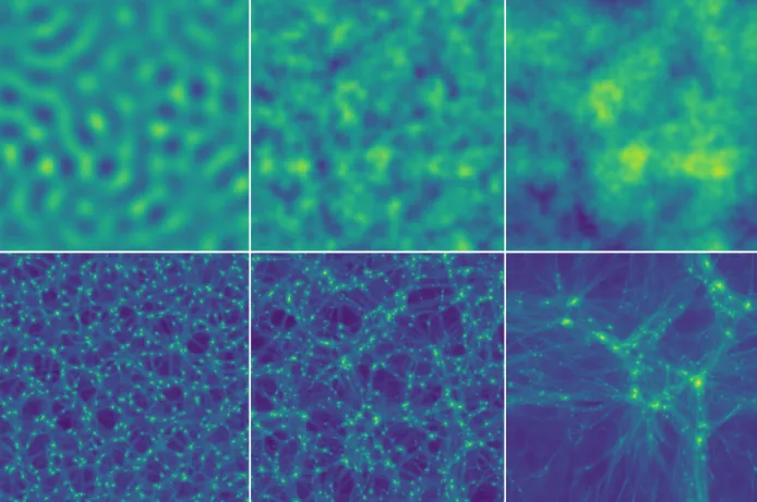 Figure 4.2: The projected initial (top) and final (bottom) density fields for the w = 0.1 (left), w = 0.5 (middle), and m χ = 100 GeV (right) simulations