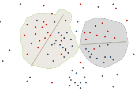 Figure 2.2: Local DWD classifiers of Class 1 (red) versus Class 2(blue).
