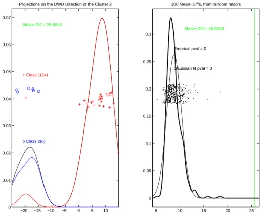 Figure 2.8: These plots are similar to the plots in Figure 2.7 and show projection of the data on the DWD direction and corresponding permutation test