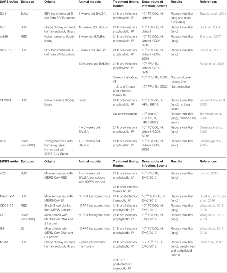 TABLE 2 | Summary of SAR-CoV and MERS-CoV neutralizating antibodies.