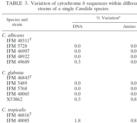 TABLE 4. Levels of cytochrome b nucleotide and amino acidsequence similarities for the most commonpathogenic Candida species