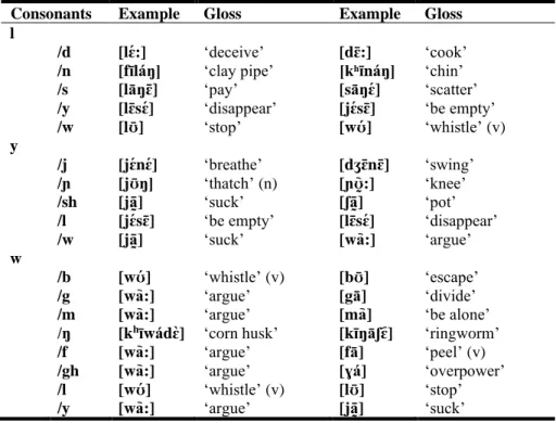 Table 2.7 Minimal pairs for approximants. 