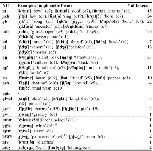 Table 2.13 Examples of NC sequences in nouns and their prevalence (n=170). 