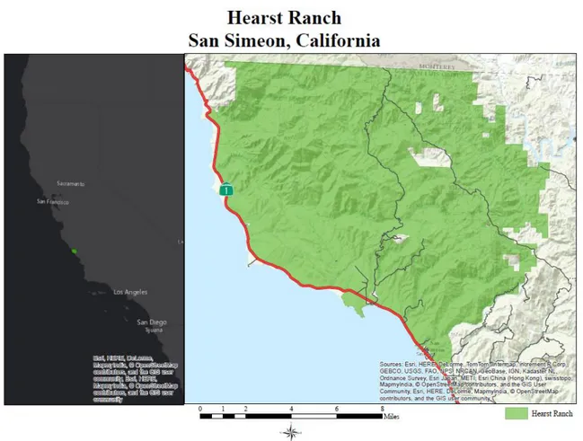 Figure 1.  Map of the Hearst Ranch, San Simeon, California.   