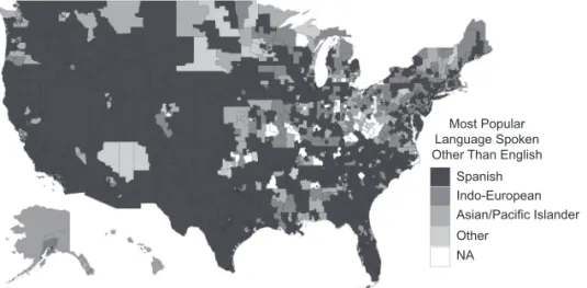 Figure 3-4.   Choropleth map of Public Use Microdata Areas colored by  the most popular language group other than English, using 2017 Public  Use Microdata Sample data