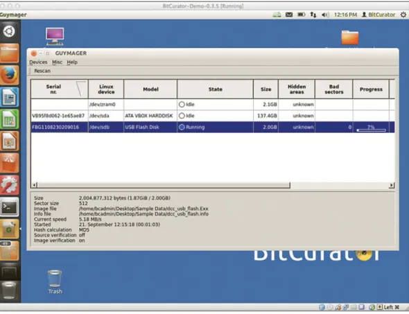 Figure 6: Guymager  acquiring an image of   a removable USB flash  device in the BitCurator  environment.