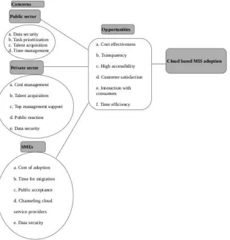 Figure 1. Conceptual model depicting cloud-based management information system adoption  in different organizations 
