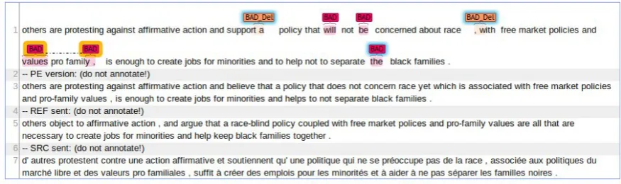 Figure 1: BRAT user interface for task visualisation. The sentence to annotate is displayed in the ﬁrst line, the ofﬁcialpost-edited and reference translations, as well as the source sentence, are given in the 3rd, 5th and 7th lines, respectively.
