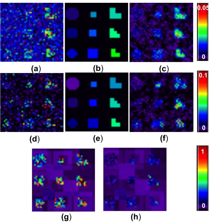 Figure 3.2: Simulation results for estimation accuracy: Scenario I : (a) estimated σ γ 2 (v) by using voxel-wise approach; (b) true σ γ2 (v) image; and (c) estimated σ γ2 (v) by using FMEM