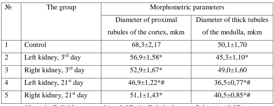 Table 1. The results of the morphometric evaluation of structural changes in kidneys 