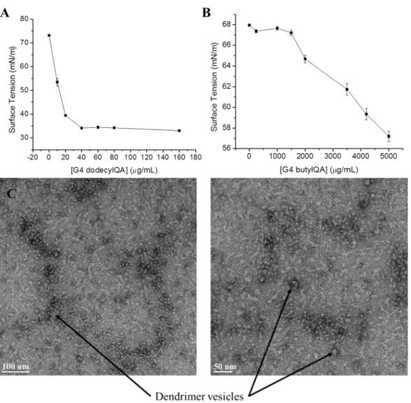 Figure 2.4 Surface tension plots for (A) G4 dodecylQA and (B) G4 butylQA, demonstrating the  decrease  in  surface  tension  with  increasing  dendrimer  concentration