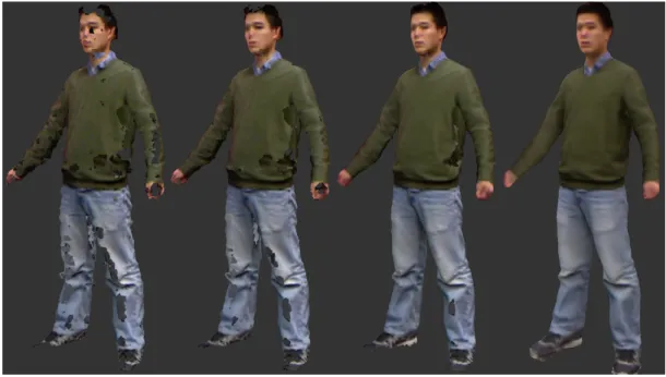 Figure 1.4: Data accumulation for a person turning around in front of depth sensors. Surfaces after fusing 1, 5, 50, and 150 frames of data.