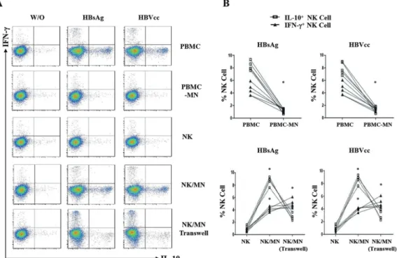 Figure 5  HBV-induced monocytes as educator of IL-10 producing NK cells. Freshly isolated human PBMCs, PBMCs depleted of CD14+ cells, NK  cells and monocytes from healthy control were cultured or cocultured with HBsAg (10 μg/mL) or HBVcc (10 7  copies/mL) 