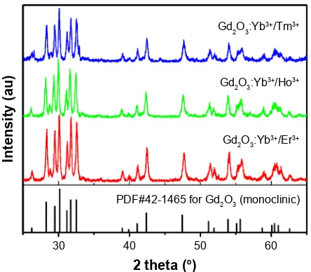 Figure 1 (A) Upconversion fluorescence images of the collected Gd2O3:Yb3+/ln3+ UcNs colloids under excitation at 980 nm, obtained using a digital camera without the use of a filter