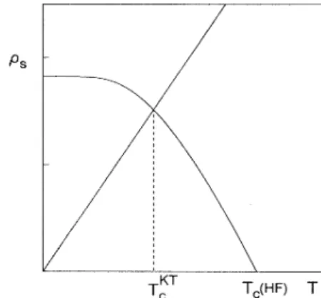 FIG. 2. Schematic representation of the procedure to ex- ex-tract the Kosterlitz-Thouless critical temperature T, from the computed helicity modulus p, (T) for a wavelike distortion of the homogeneous ground state