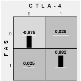 Fig. 11. Polymorphic variants of the CTLA-4 (+49G/A) and Fas (-1377G/A) genes, causing a high (dark grey box) and a low (light grey box) risk of І-degree thyroid hyperplasia in patients
