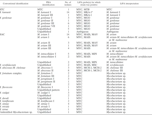 TABLE 2. Conventional identiﬁcation, PRA and LiPA patterns, and interpretations obtained with110 clinical human isolates of mycobacteria