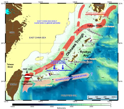 Fig. 2 The southern path of the Kuroshio Current showing the inferred extent of the Ryukyu Reefs in glacial and interglacial periods (adaptedfrom Iryu et al