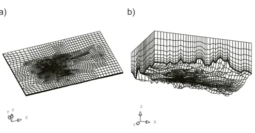 Fig. 3. 3D mesh of calculation domain: a) real dimensions; b) vertical dimension extended for better visualisation