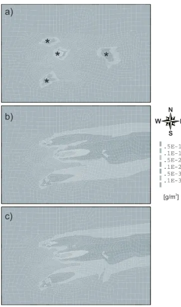 Fig. 5. Concentration fields of a tracer emitted in points denoted by symbol of an asterisk, on the level of buildings: a) 10 min after the incident; b) 12:00 GMT + 2h; c) 12:00 GMT + 5h