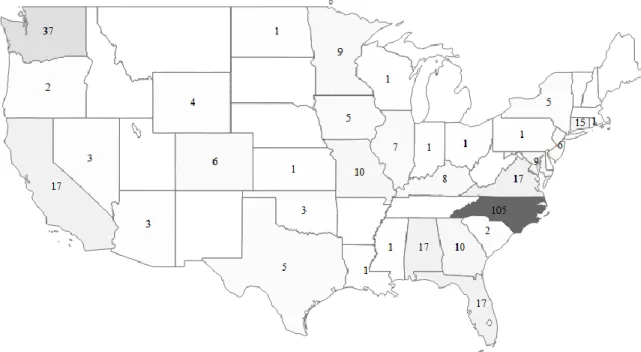 Figure 2. Number of participants in each state.  Hawaii is not pictured with one student