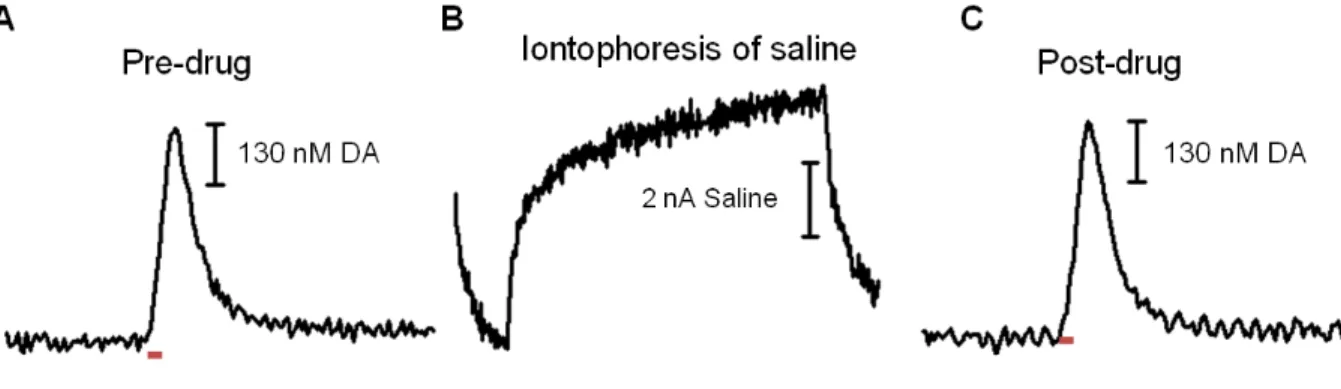 Figure 2.8.  Effect of current on stimulated dopamine release. The panels show current as a  function of time
