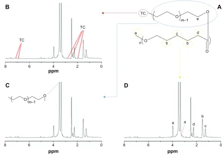 Figure 2 1h-NMr spectrum of the Tc–Pecl polymer.Notes: (A) Molecular structure diagram of the Tc–Pecl polymer