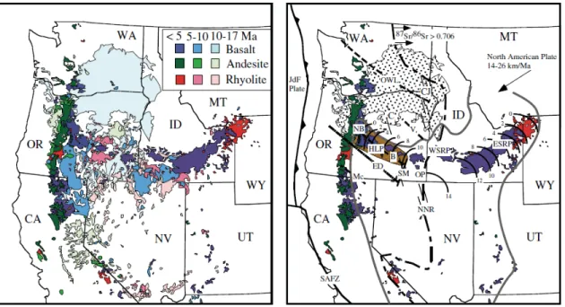 Figure 2 Volcanic and tectonic elements of the western United States: (A) Distribution of volcanic  rocks younger than 17 Ma, by age and composition (Luedke and Smith, 1984), illustrates the  tremendous volcanic activity east of the Cascade Range in the no