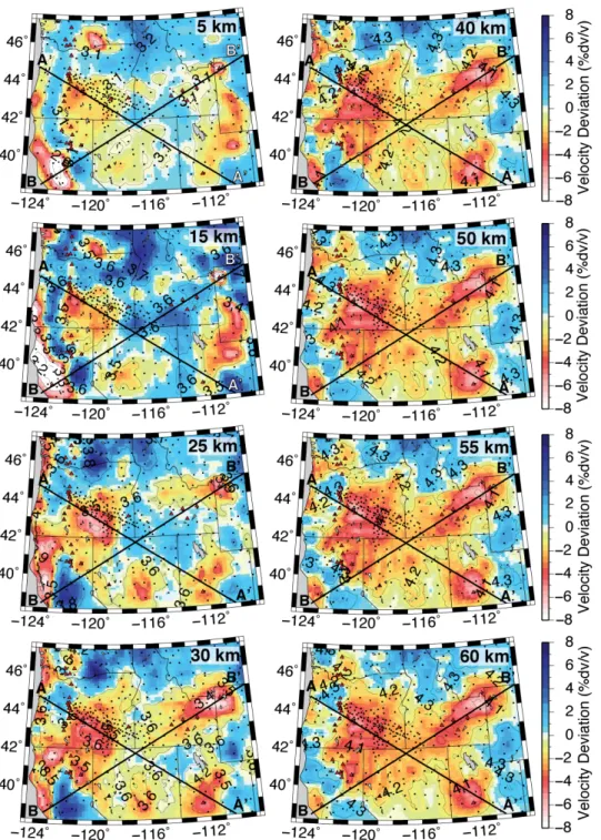 Figure S4.  Shear wave velocity deviation maps for 5, 15, 25, 30, 40, 50, 55, and 60 km depths
