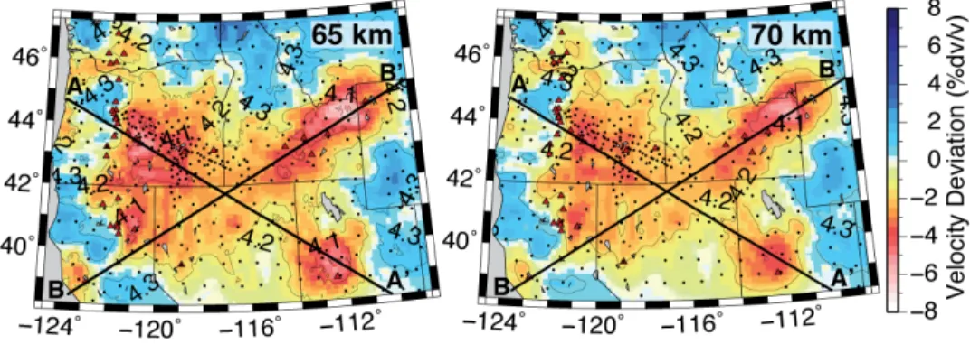 Figure S5. Shear wave velocity deviation maps for 65 and 70 km depths. Annotation is the same as  for Figure S4