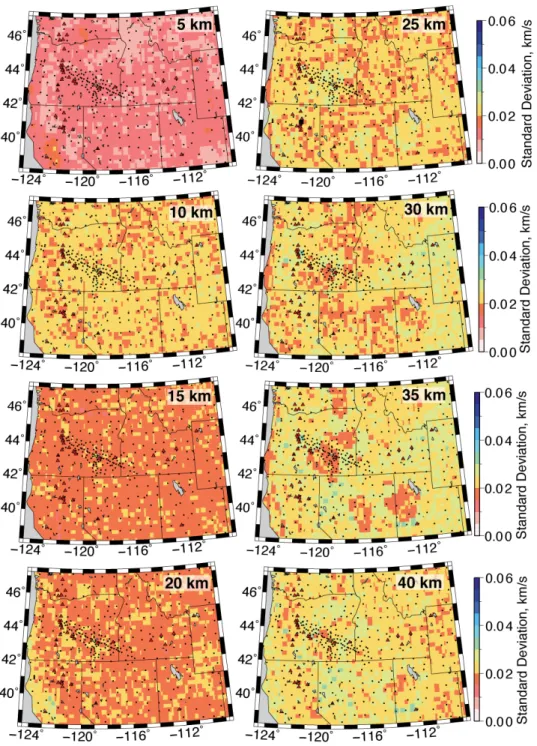 Figure S8. Shear velocity model standard deviations at 5, 10, 15, 20, 25, 30, 35, and 40 km depths
