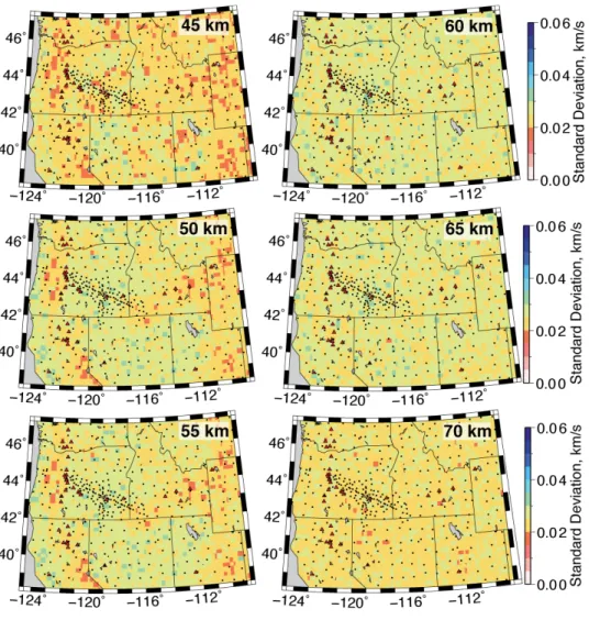 Figure S9. Shear velocity model standard deviations at 45, 50, 55, 60, 65, and 70 km depths