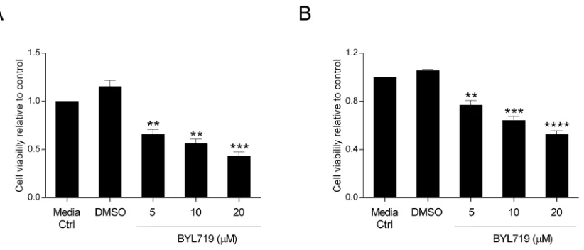Figure 5: The selective PI3K p110α inhibitor BYL719 decreases viability in HCT116 and SW480 CRC cells