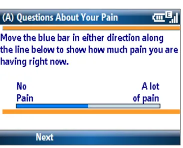 Figure 3. E-diary electronic visual analog scale (e-VAS).  The blue line appeared at the  midpoint and children used arrow keys to move the e-VAS to the appropriate spot