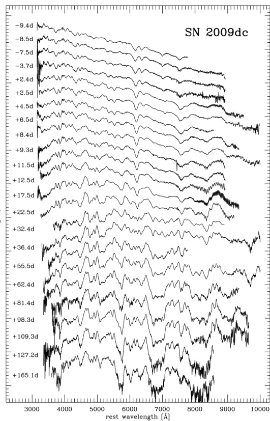 Figure 8. Time sequence of SN 2009dc spectra in the SN rest frame. The phases reported next to each spectrum are with respect to B-band maximum light (JD =2 454 947.1 ± 0.3)