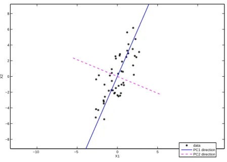 Figure 2.2: Depicts the construction of the PC direction vector. The first direction accounts for most variation of the data and the second direction is orthogonal to the first.