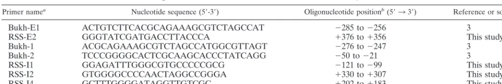 TABLE 1. Synthetic oligonucleotide primers used for the initial RT-PCR (primers Bukh-E1, RSS-E2) and nested RSS-PCR(primers Bukh-1, Bukh-2, RSS-I1, RSS-I2, and RSS-I4)