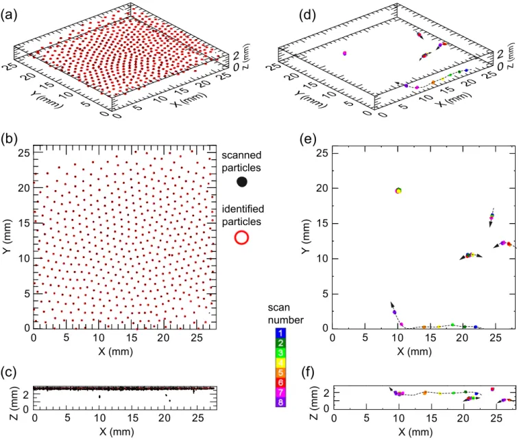 FIG. 9. 共Color online兲 Experimental observation of the complex plasma. The stacked 2D slices are shown in black color in the 共a兲 oblique, 共b兲 top, and 共c兲 side view of a single 3D scan