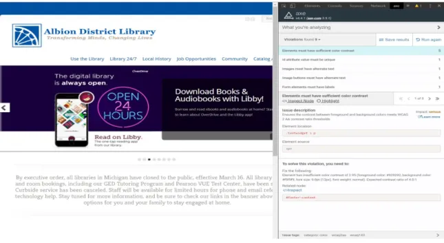 Figure 1: Axe Accessibility Evaluation for the homepage of Albion District Library 