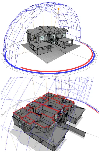 Figure 4. Sun path during the year and day (left) semi-detached house perspective, (right) perspective section