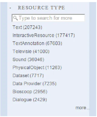 Figure 1: VLO values of the search facet “resource type” 