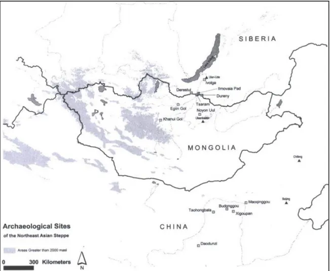 Figure 2.10 Map showing larger and well known Xiongnu cemetery sites (courtesy of W. Honeychurch).