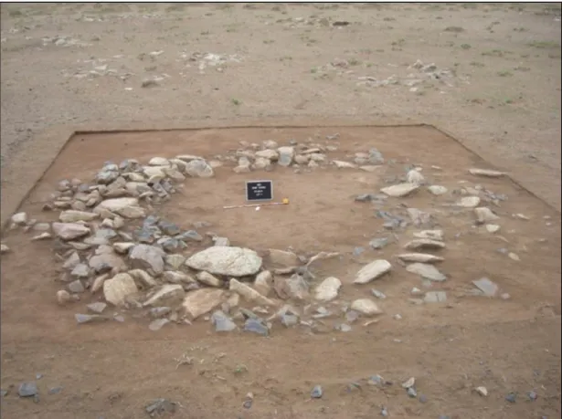 Figure 2.14 Xiongnu ring tomb at Alag Tolgoi at BGC.  Note the low visibility of the ring tombs in the background that have not been cleared.