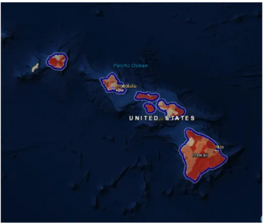 Fig. 10: Map of Hawaii coded according to social vulnerability due to sea level rise. Map from  the NOAA website