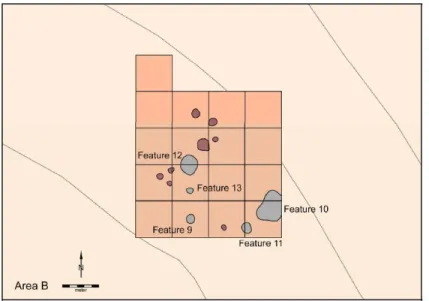 Figure 3:  Right angle posthole pattern (brown) at Nassaw-Weyapee town site. 