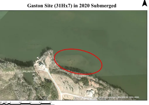Figure 4. Map of the Gaston Site in 2020 Submerged (Courtesy of Esri, DigitalGlobe, GeoEye,   i-cubed, USDA FSA, USGS, AEX, Getmapping, Aerogrid, IGN, IGP, swisstopo, and the GIS  User Community) 